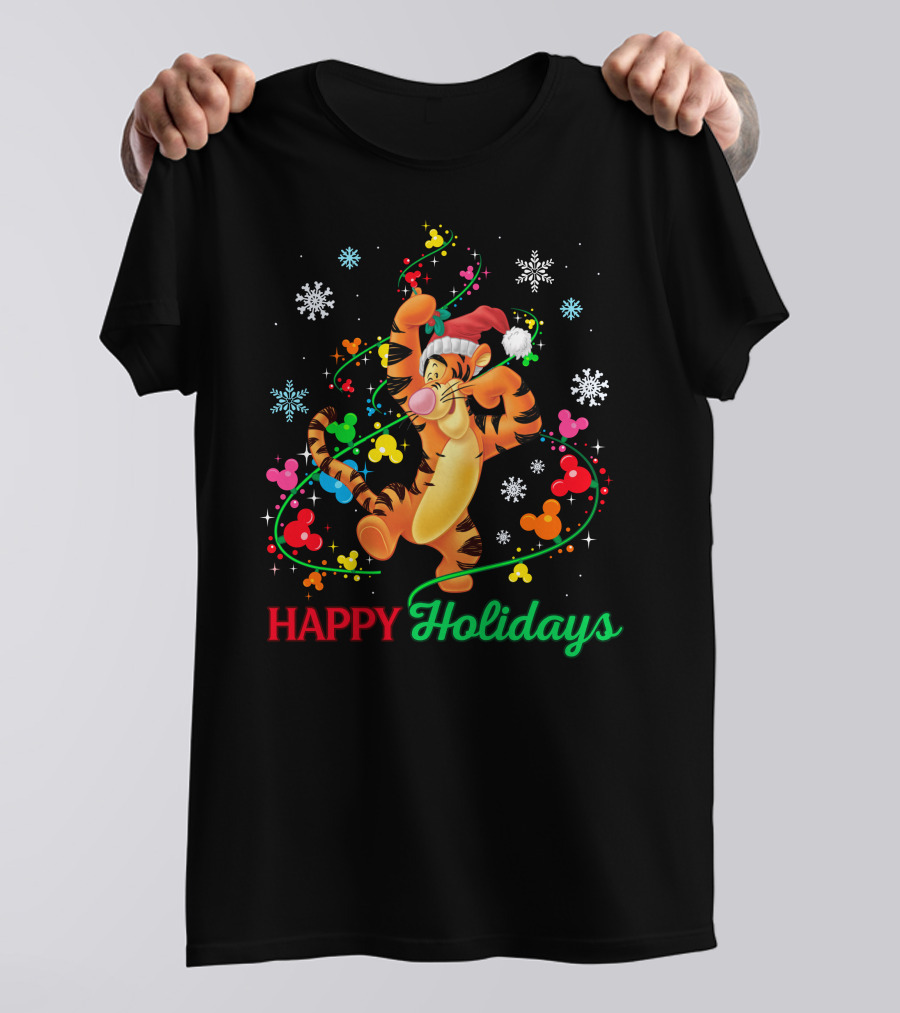 Tigger Happy Holidays Santa Hat Colorful Ornaments Mickey Mouse Ears Snowflakes T-Shirt