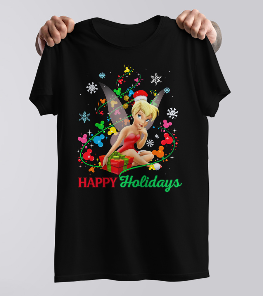 Happy Holidays Tinkerbell Santa Hat And Present T-Shirt