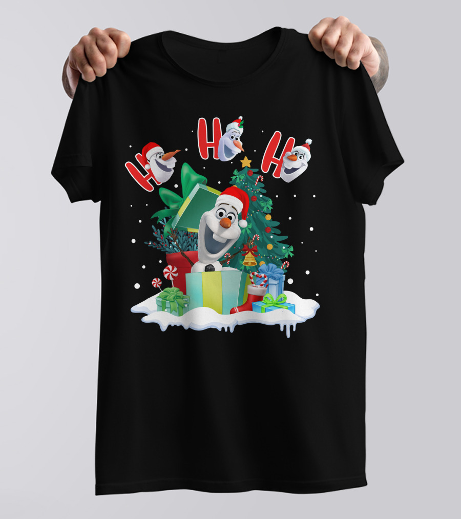Olaf Christmas Santa Hat Presents Snowman Festive Holiday Tree Ho Ho Ho T-Shirt
