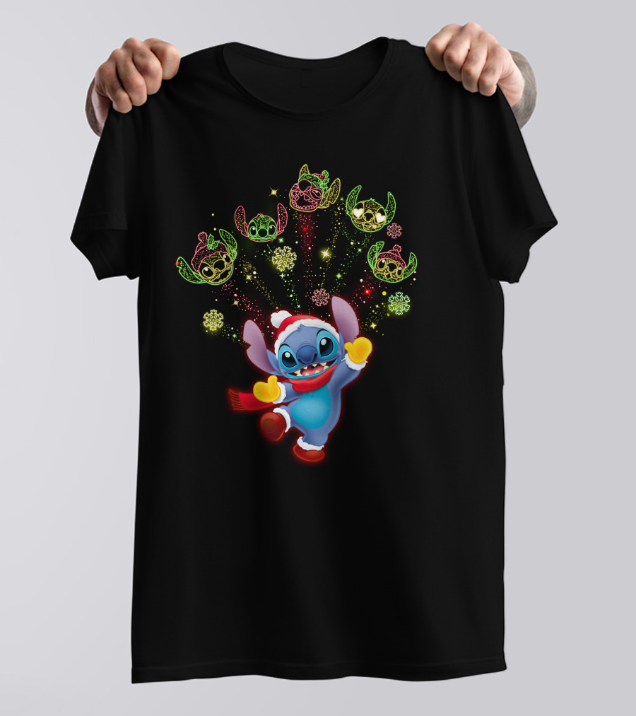 Stitch Holiday Festive Celebration With Santa Hat And Colorful Lights T-Shirt