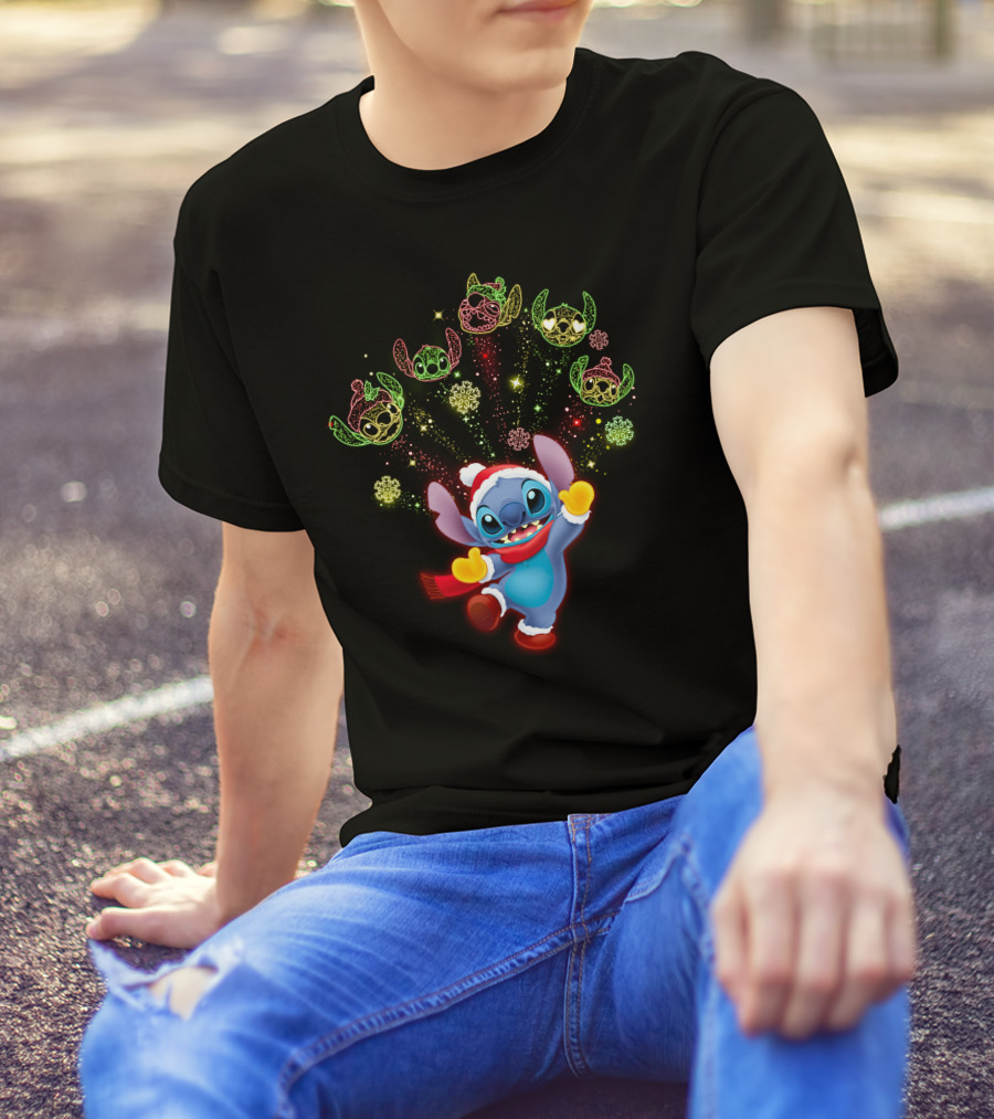 Stitch Holiday Festive Celebration With Santa Hat And Colorful Lights T-Shirt