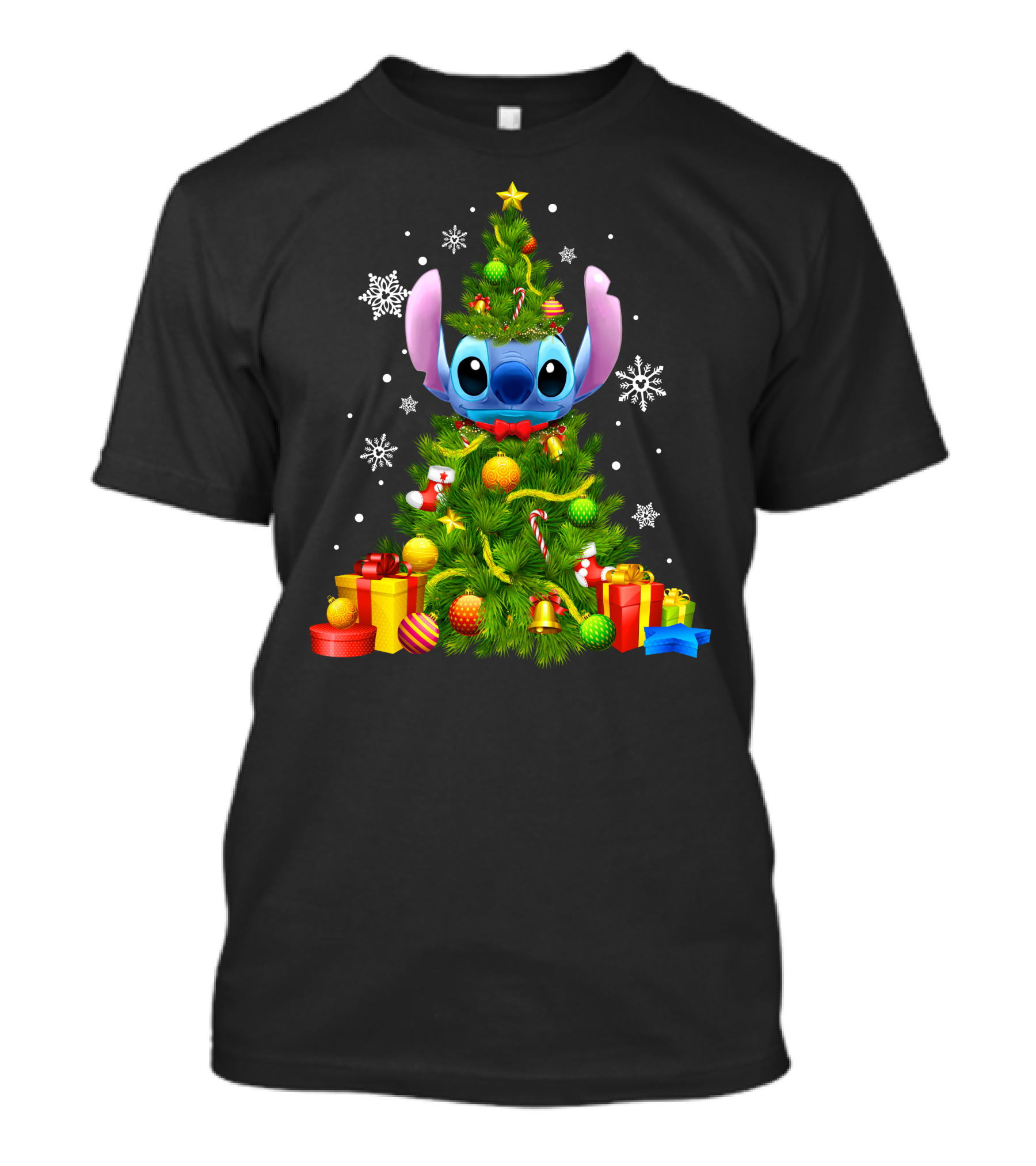 Stitch Christmas Tree With Gifts And Snowflakes T-Shirt