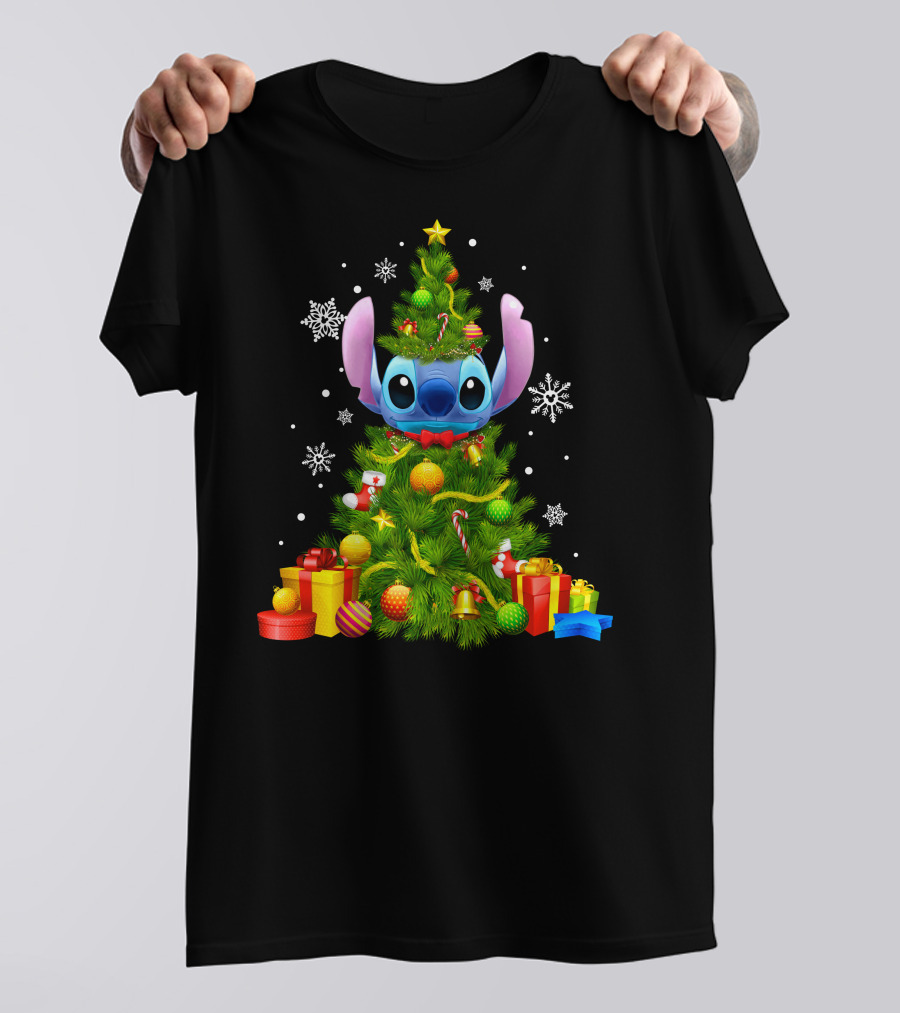 Stitch Christmas Tree With Gifts And Snowflakes T-Shirt