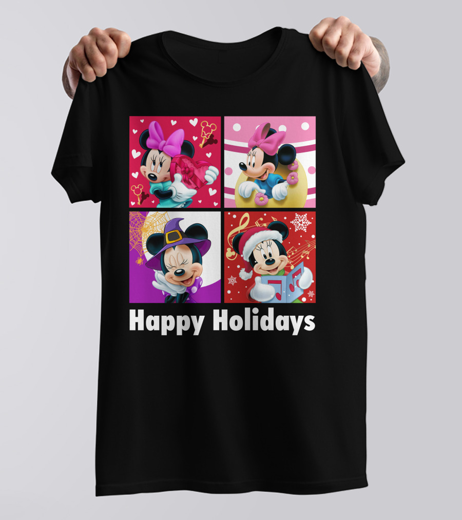 Minnie Happy Holidays With Hearts Bows Witch Hat Santa Hat And Gifts T-Shirt