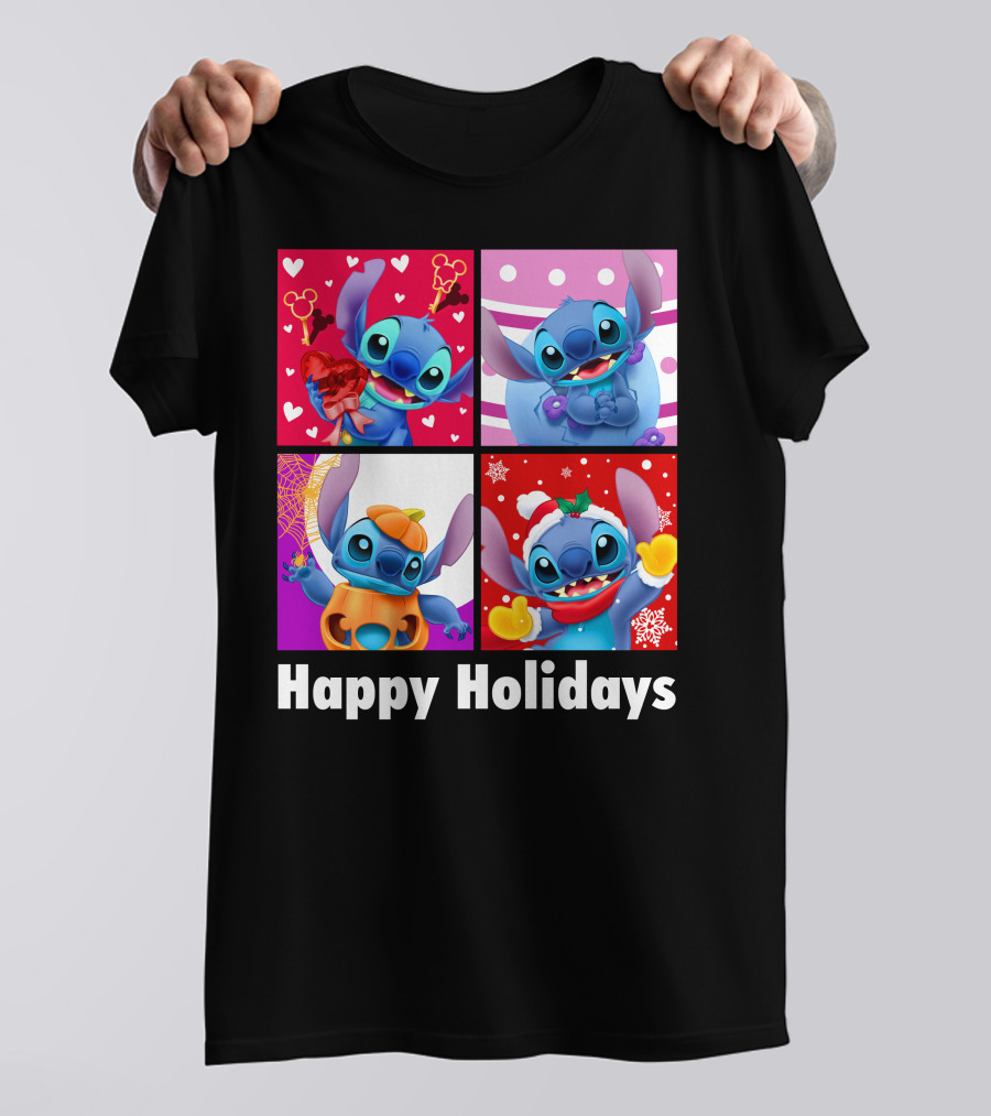 Happy Holidays Stitch Seasonal Mickey Hearts Christmas Pumpkin T-Shirt