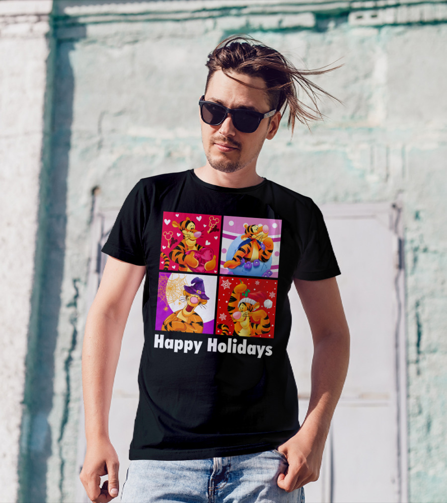 Happy Holidays Tigger Mickey Hearts Santa Halloween T-Shirt