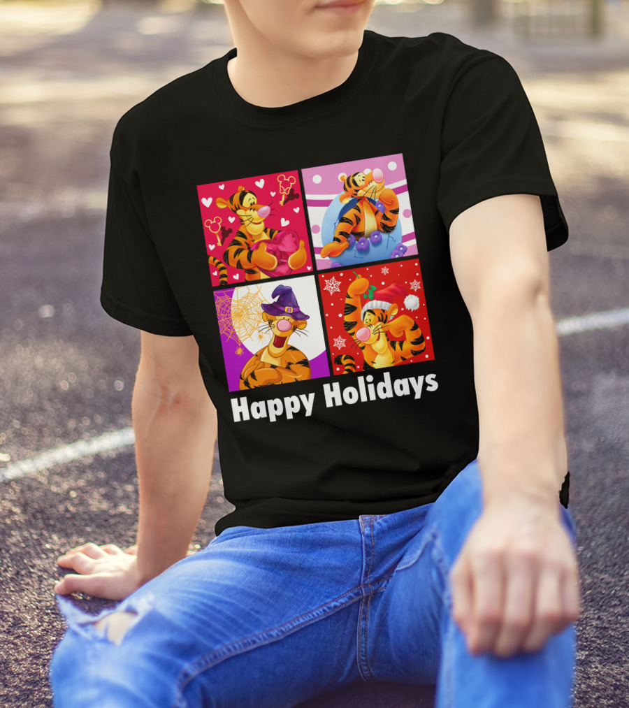 Happy Holidays Tigger Mickey Hearts Santa Halloween T-Shirt