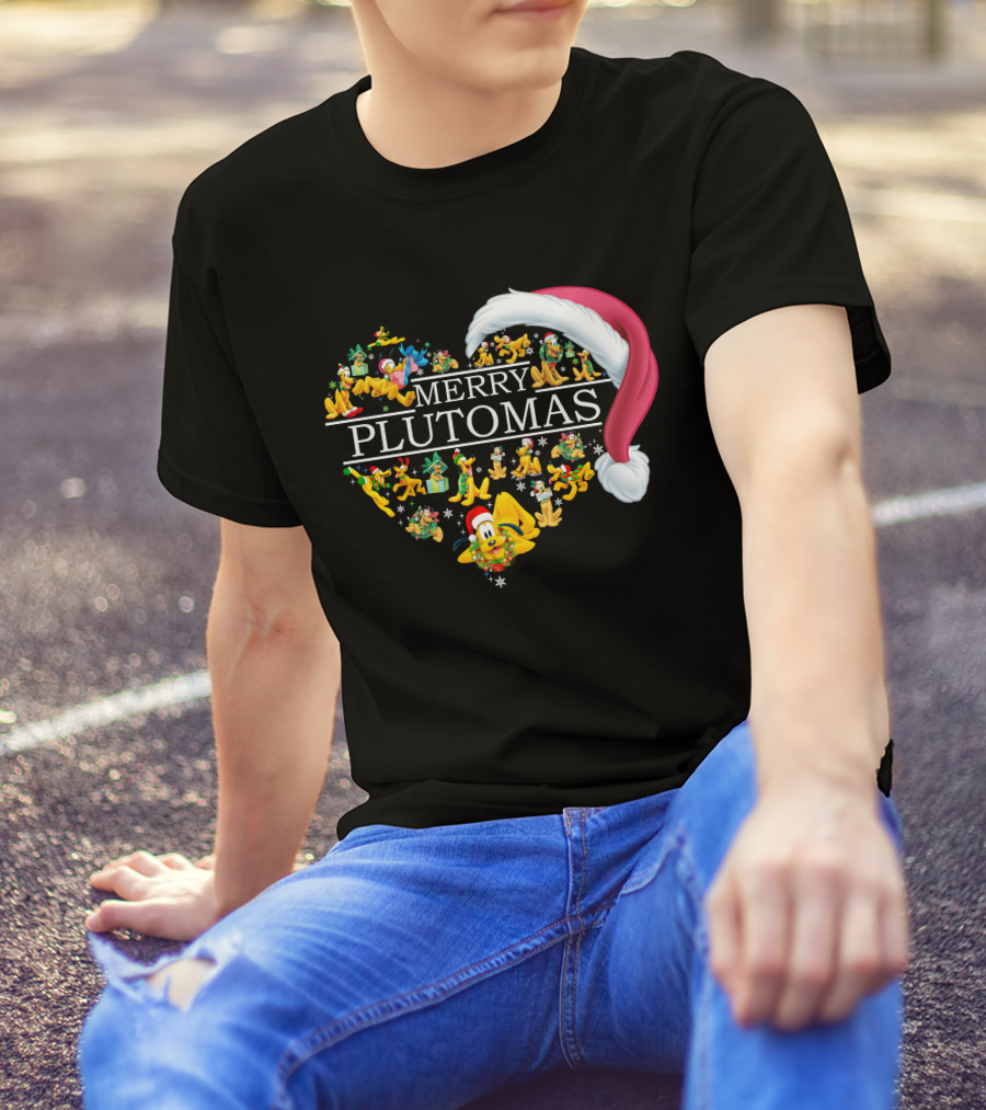 Merry Plutomas Heart With Santa Hat And Festive Pluto Characters T-Shirt