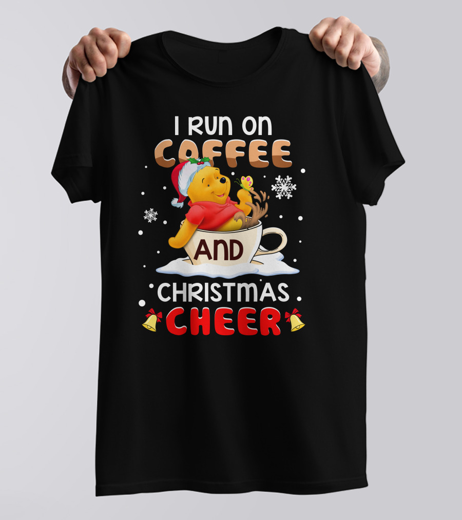 I Run On Coffee And Christmas Cheer Snowflakes Bells Santa Hat Cup Cartoon Bear T-Shirt