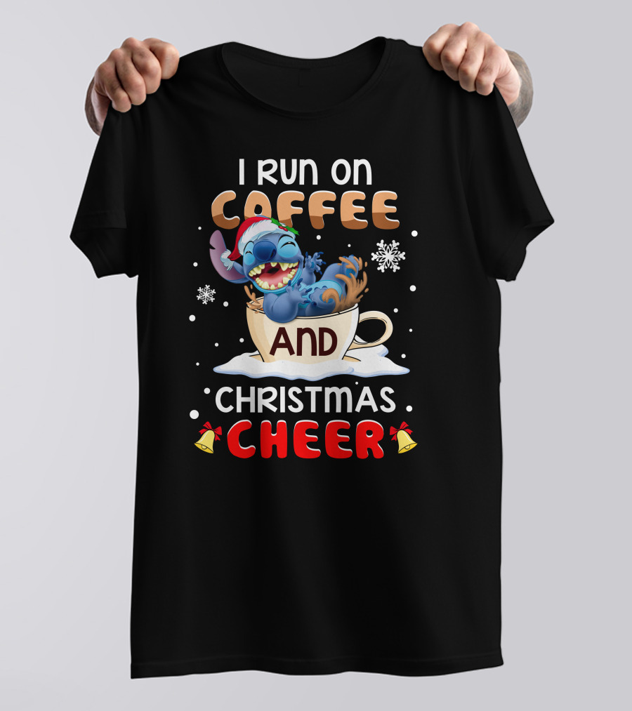 I Run On Coffee And Christmas Cheer Stitch Santa Hat Snowflakes Holiday T-Shirt