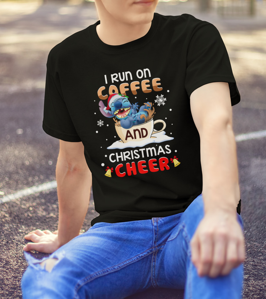 I Run On Coffee And Christmas Cheer Stitch Santa Hat Snowflakes Holiday T-Shirt
