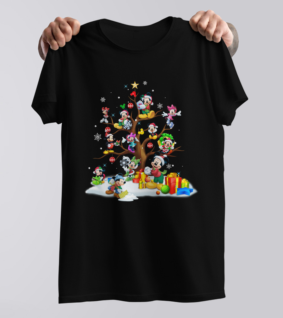 Mickey Minnie Christmas Holiday Tree With Gifts And Snowflakes T-Shirt
