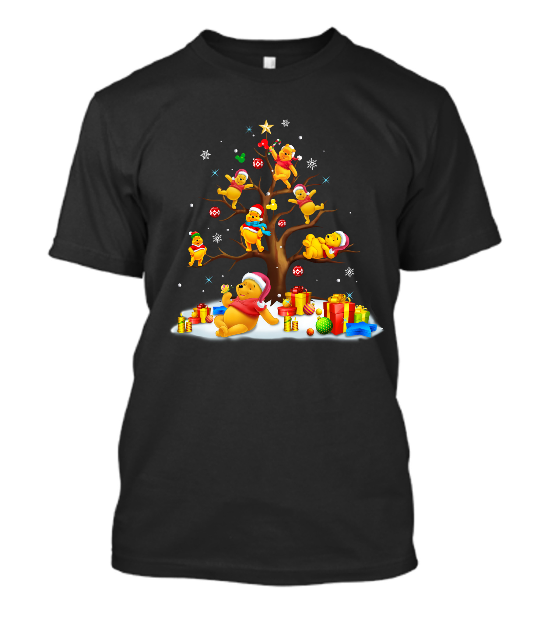 Pooh Bear Christmas Tree With Santa Hat And Presents T-Shirt