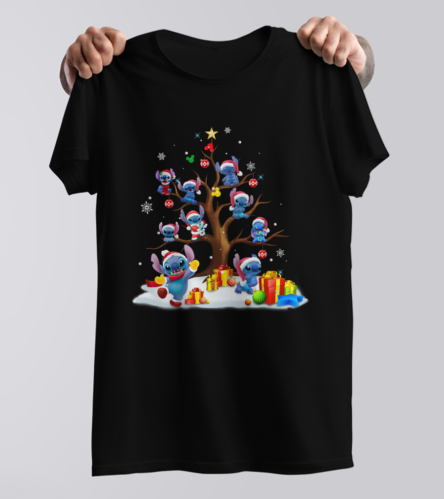 Stitch Christmas Tree With Santa Hats And Gifts T-Shirt