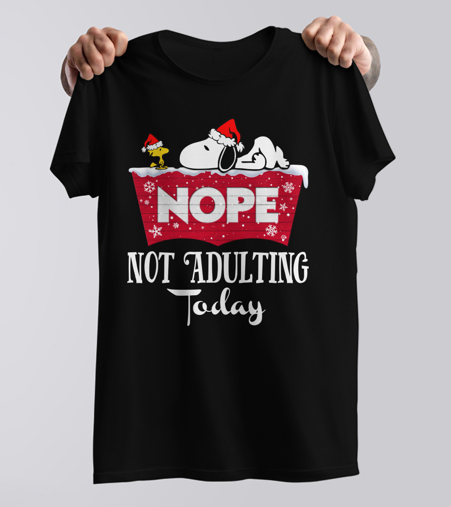 Snoopy Nope Not Adulting Today Christmas Santa Hat Snowflakes T-Shirt