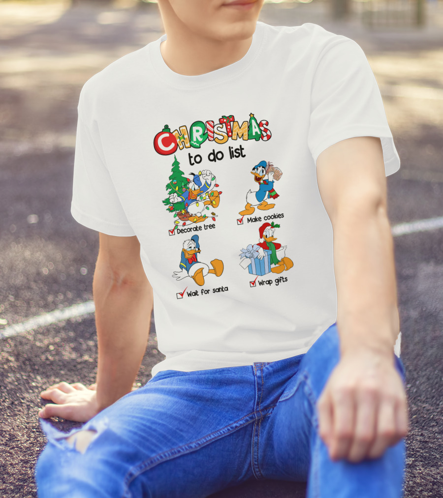 Christmas To Do List Donald Duck Decorate Tree Make Cookies Wait For Santa Wrap Gifts T-Shirt