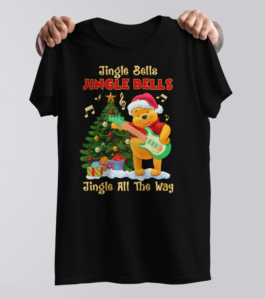 Jingle Bells Jingle Bells Jingle All The Way Christmas Tree Music Notes Pooh Santa Hat Guitar T-Shirt
