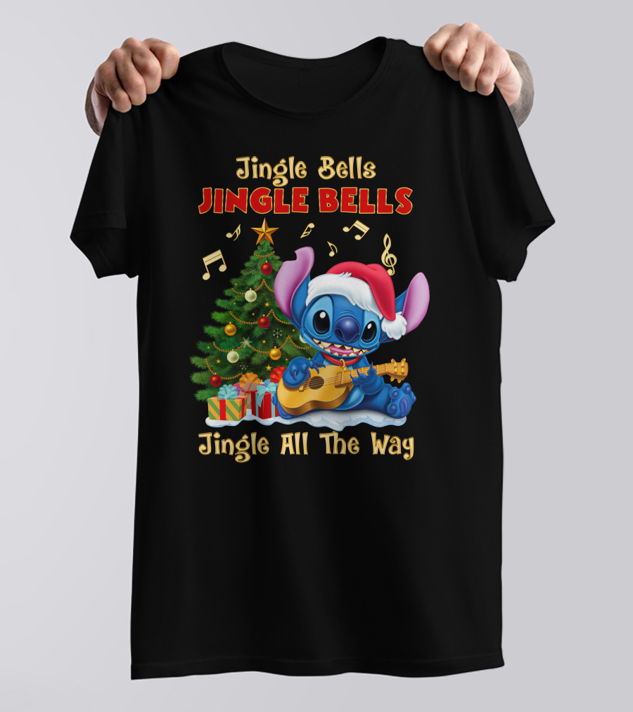 Jingle Bells Jingle Bells Jingle All The Way Stitch Christmas Tree Ukulele T-Shirt