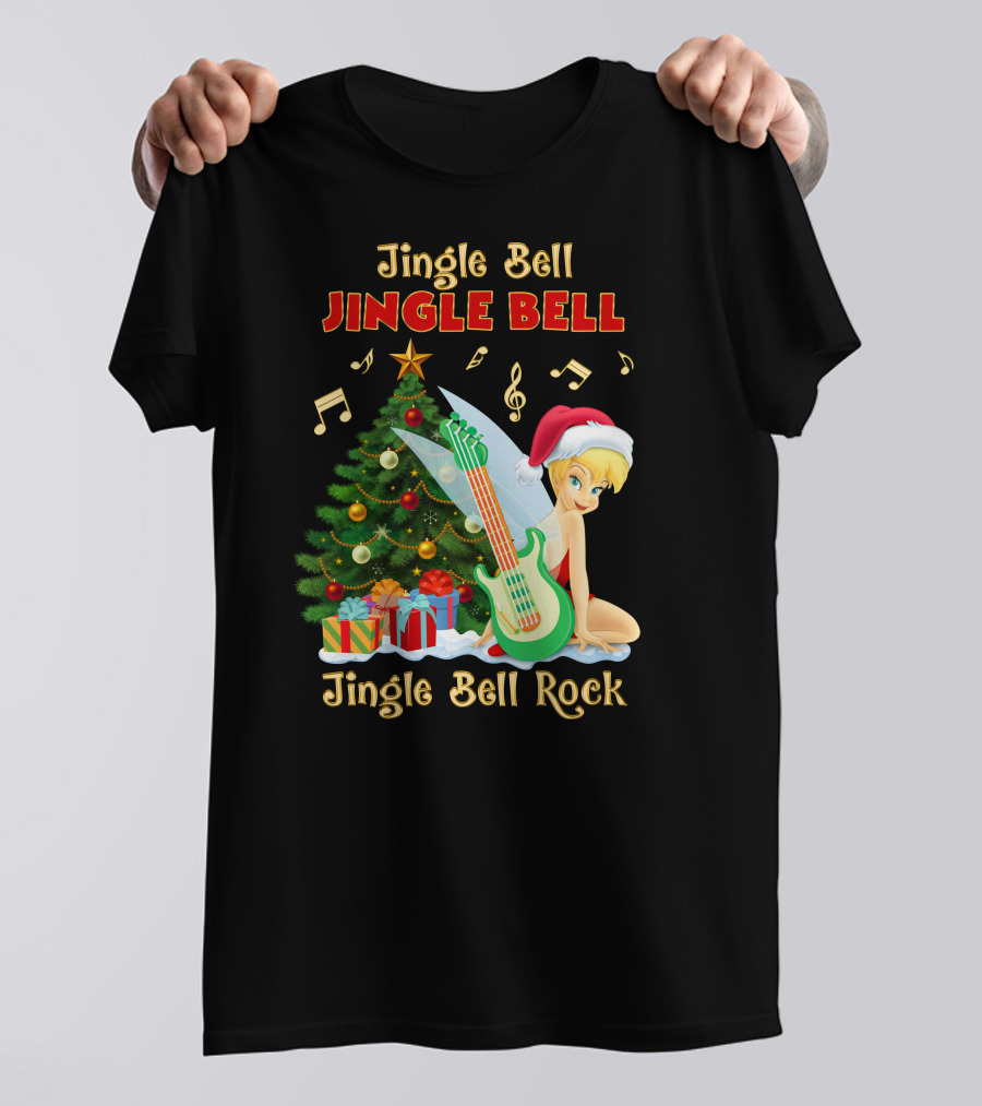 Jingle Bell Jingle Bell Jingle Bell Rock Christmas Tinkerbell Santa Hat Guitar Tree Music T-Shirt