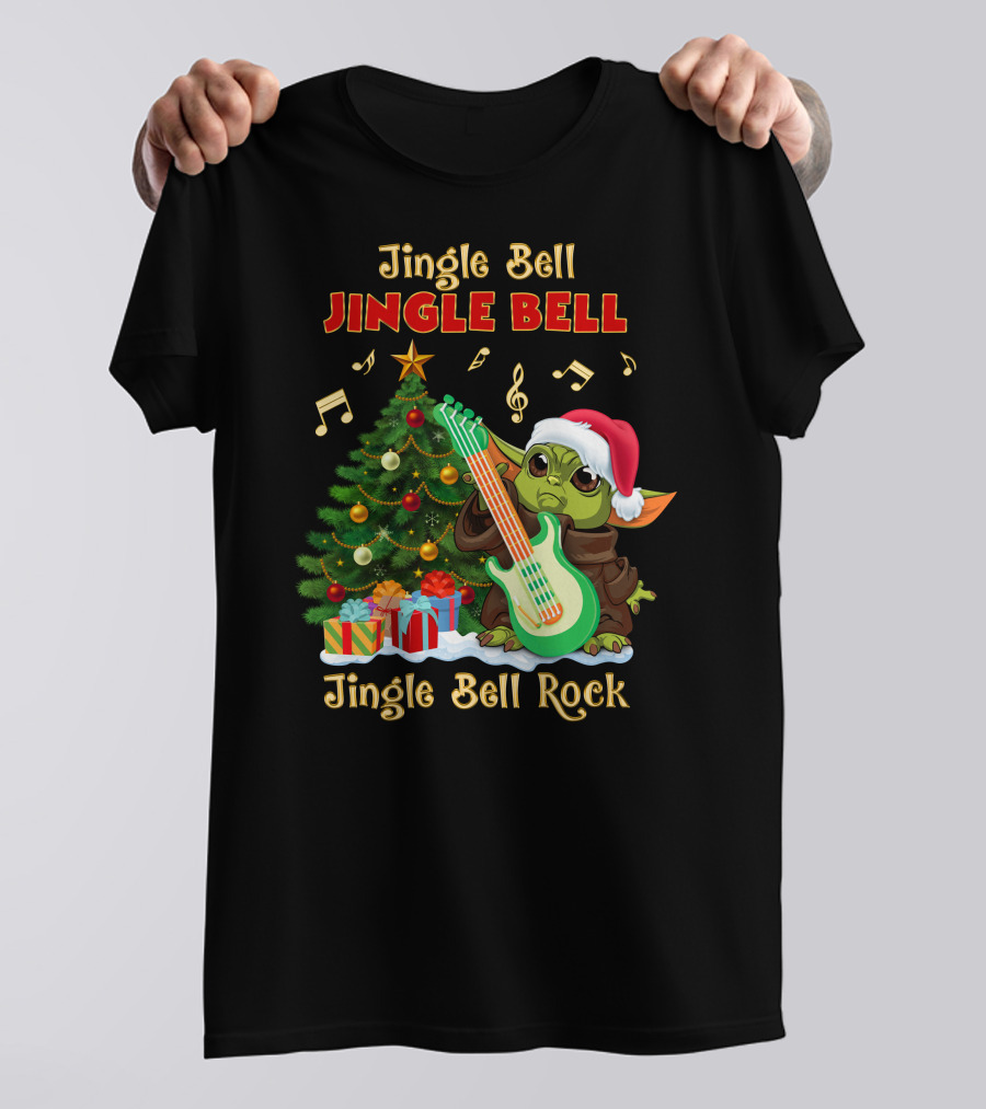 Jingle Bell Jingle Bell Rock Christmas Tree Yoda Santa Hat Guitar Music Notes T-Shirt