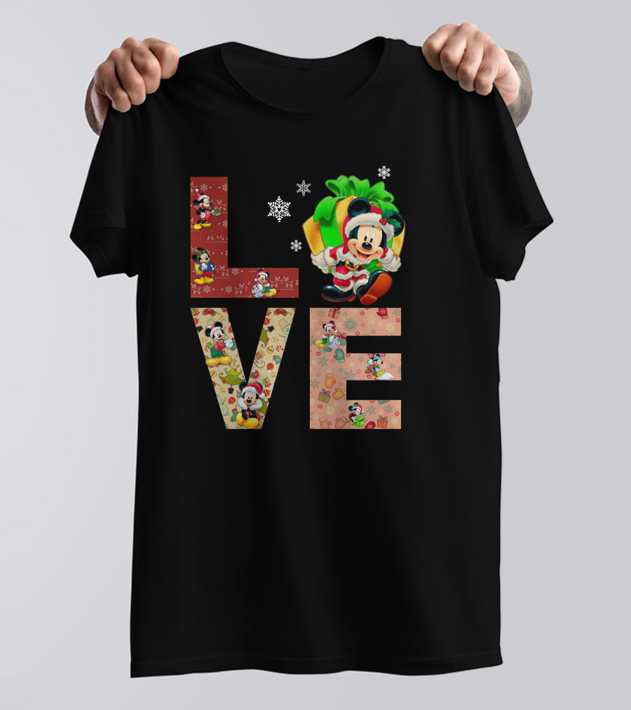 Love Mickey Mouse Christmas Santa Hat Snowflake T-Shirt