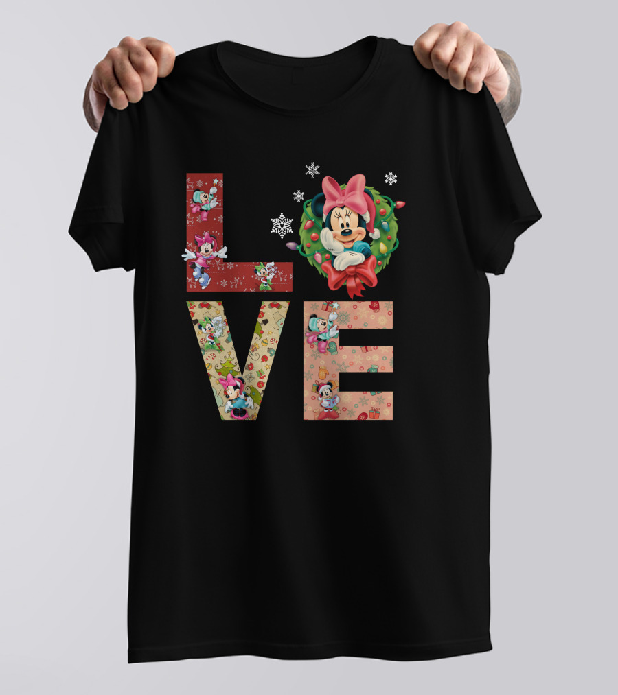 Love Minnie Mouse Christmas Wreath Holiday Snowflakes T-Shirt