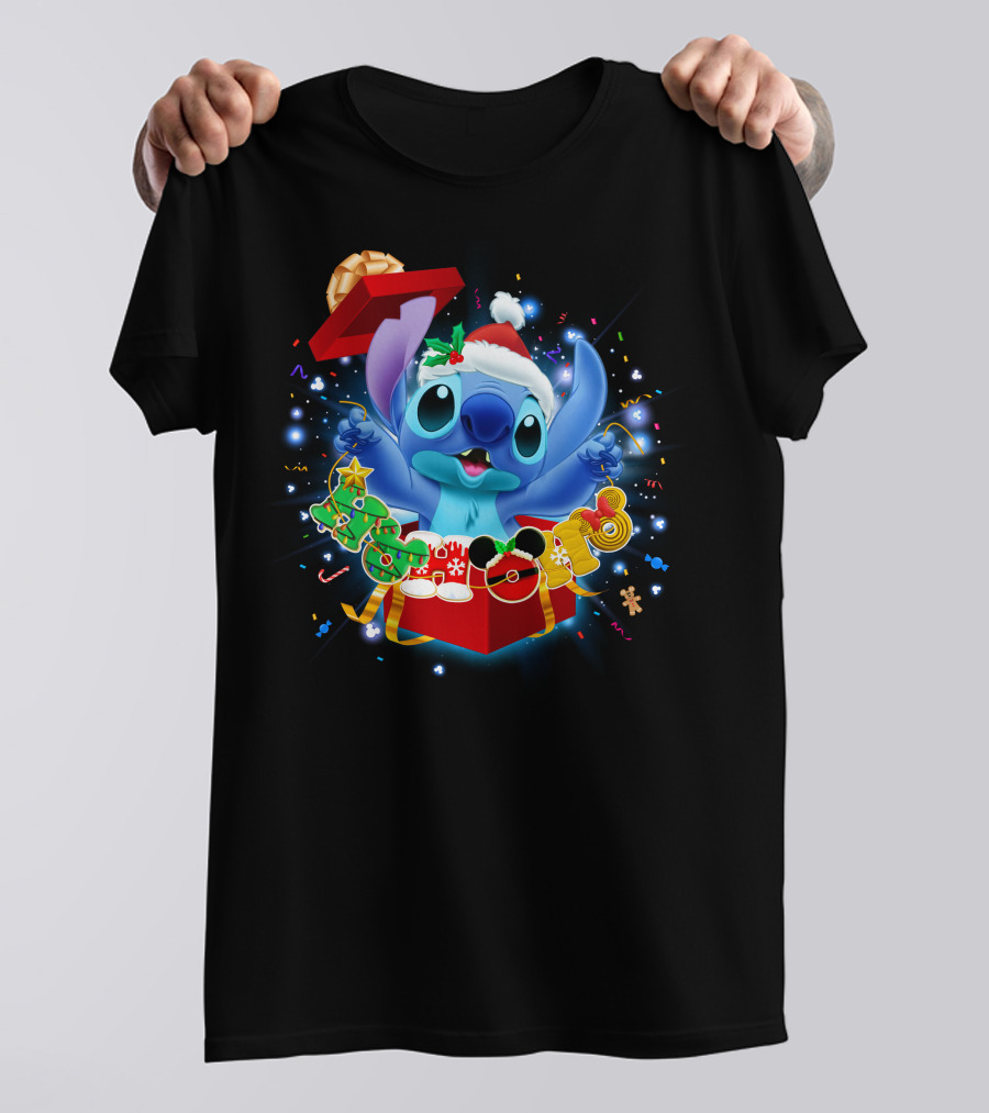 Stitch Christmas Celebration With Santa Hat And Festive Lights T-Shirt