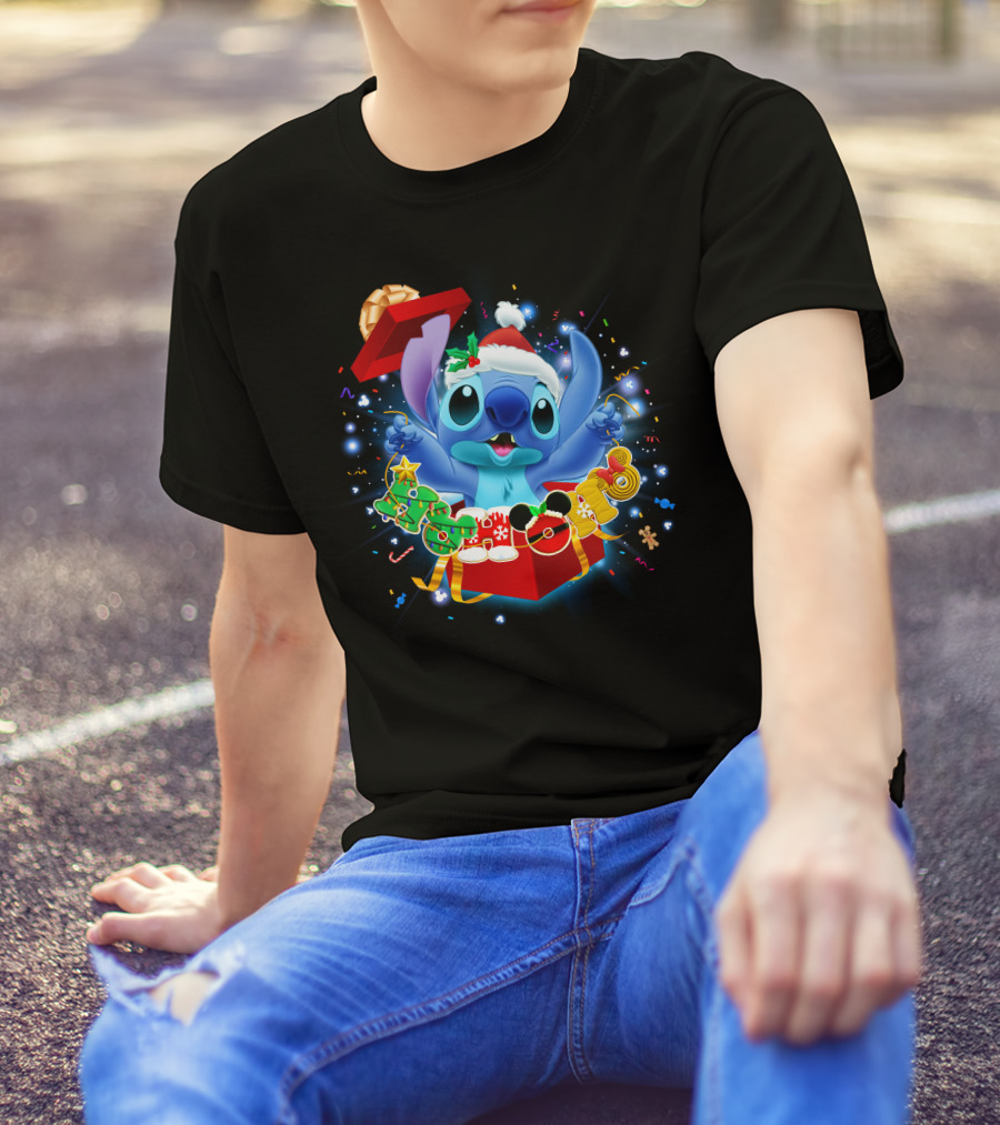 Stitch Christmas Celebration With Santa Hat And Festive Lights T-Shirt