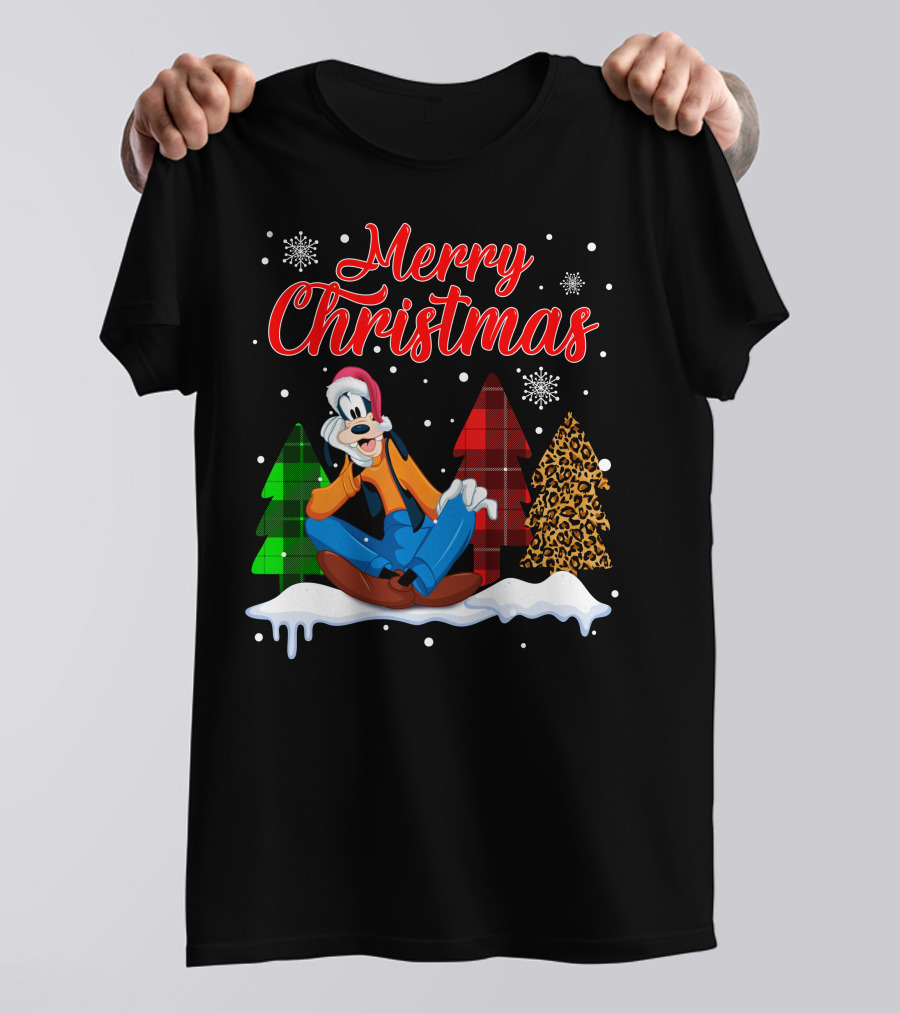 Merry Christmas Goofy With Plaid And Leopard Trees Snowflakes T-Shirt
