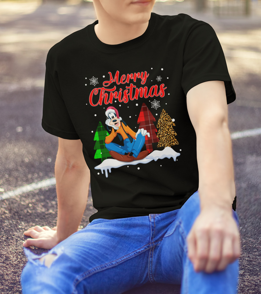 Merry Christmas Goofy With Plaid And Leopard Trees Snowflakes T-Shirt