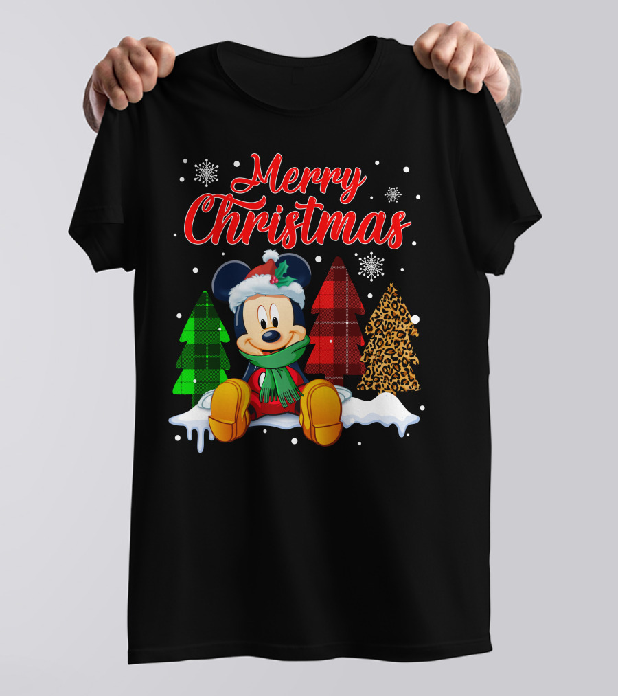 Merry Christmas Mickey Mouse With Plaid And Leopard Trees And Snowflakes T-Shirt