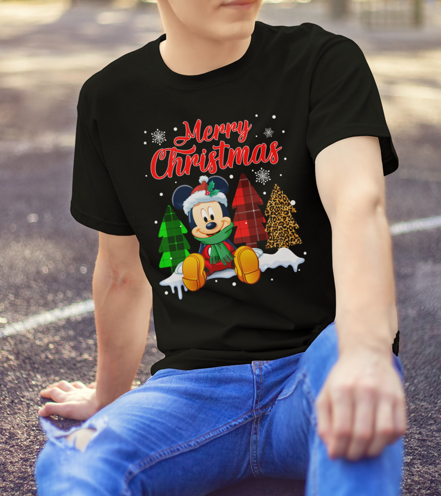 Merry Christmas Mickey Mouse With Plaid And Leopard Trees And Snowflakes T-Shirt