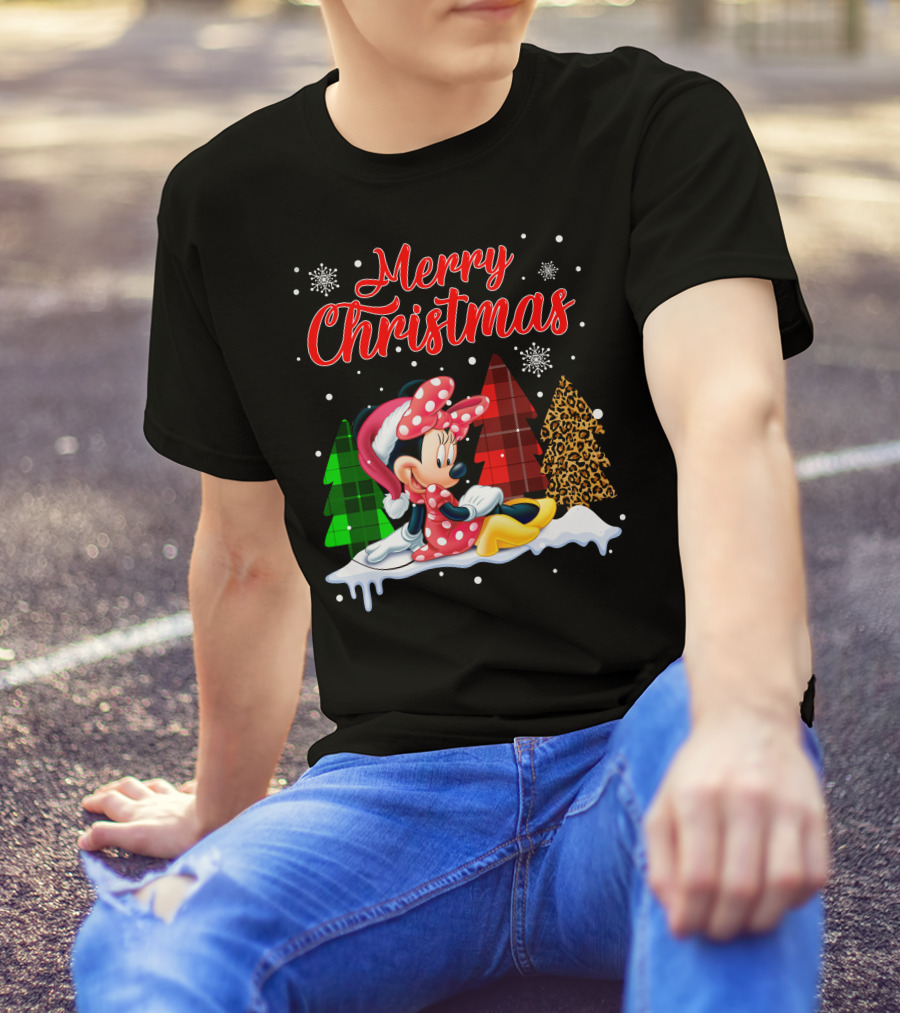 Minnie Merry Christmas Snowflakes Plaid Trees T-Shirt