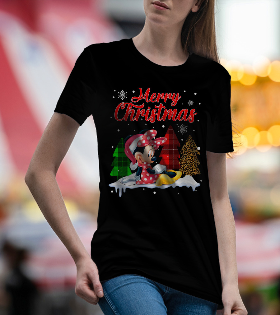 Minnie Merry Christmas Snowflakes Plaid Trees T-Shirt