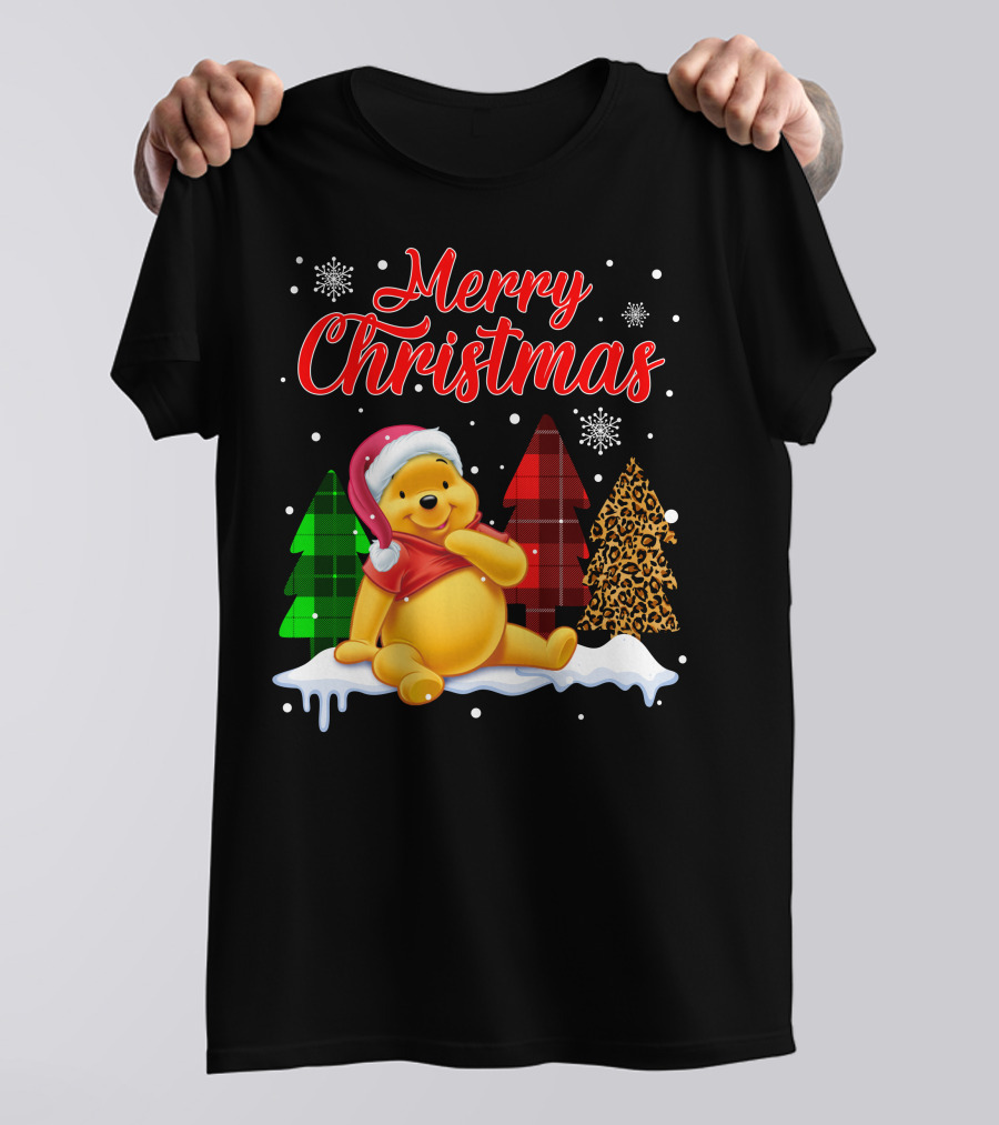 Merry Christmas Pooh Snowflakes Plaid Trees Santa Hat T-Shirt