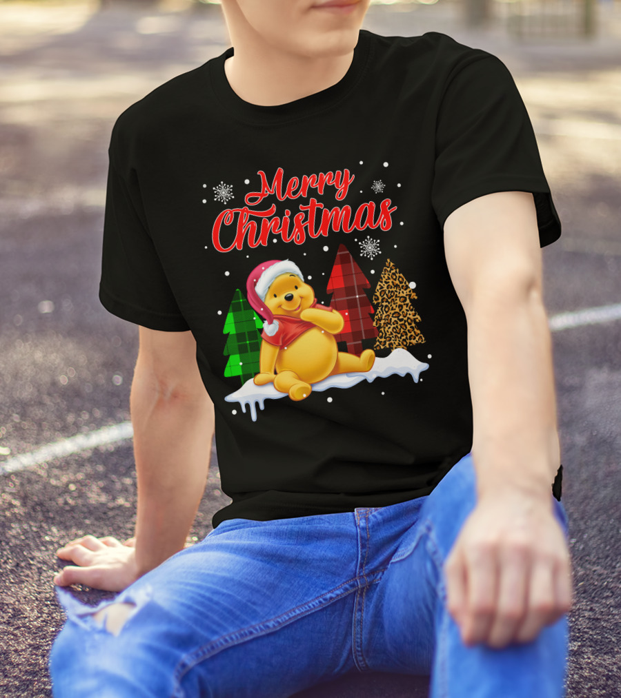 Merry Christmas Pooh Snowflakes Plaid Trees Santa Hat T-Shirt