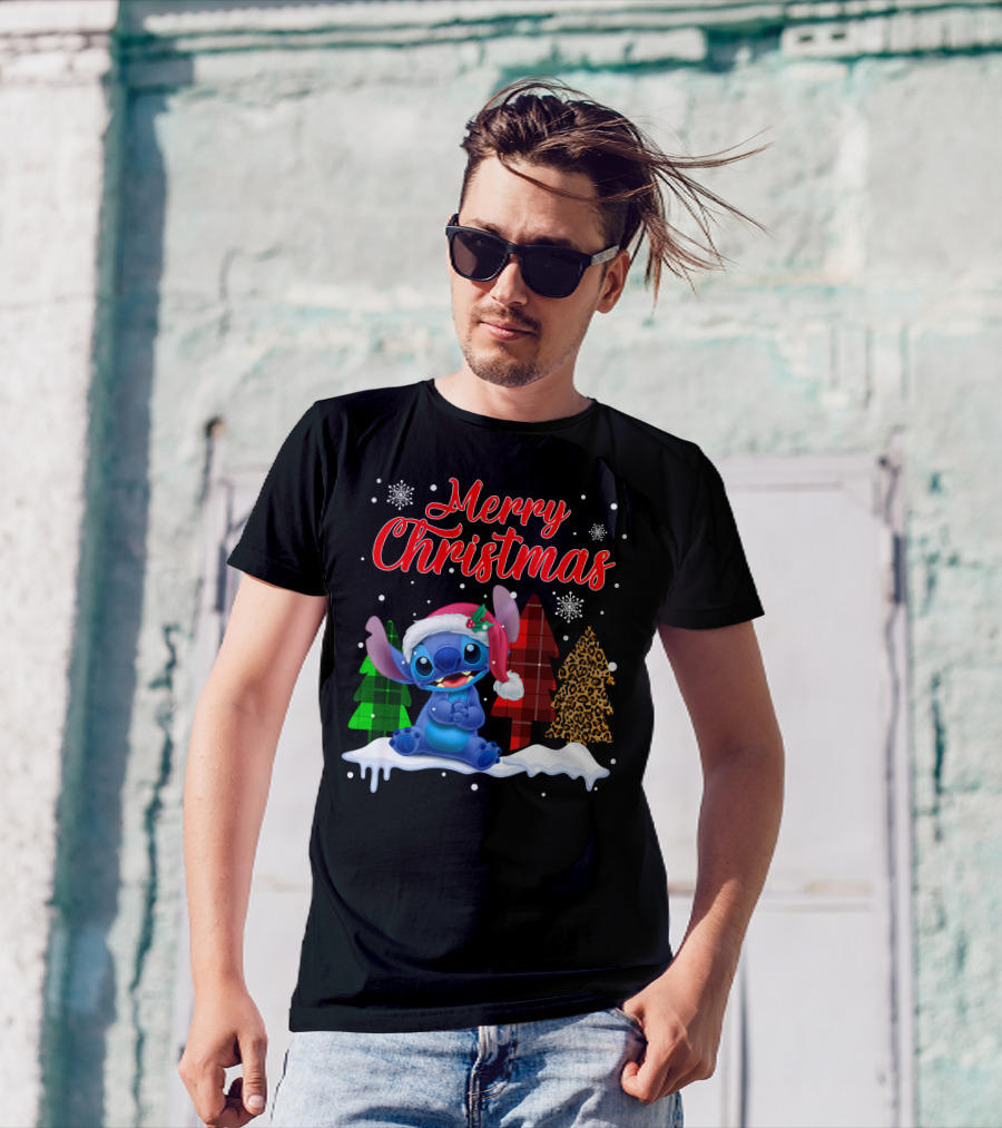 Merry Christmas Stitch Santa Hat Snow Plaid Trees T-Shirt