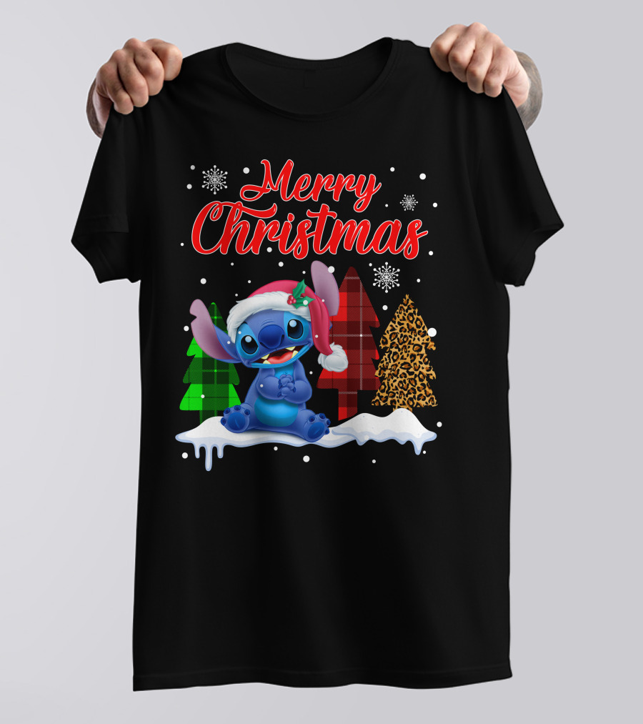 Merry Christmas Stitch Santa Hat Snow Plaid Trees T-Shirt