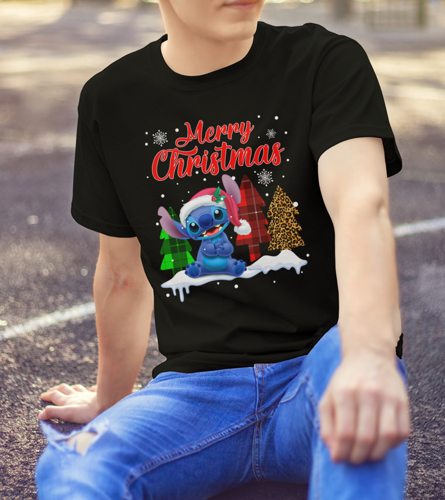 Merry Christmas Stitch Santa Hat Snow Plaid Trees T-Shirt