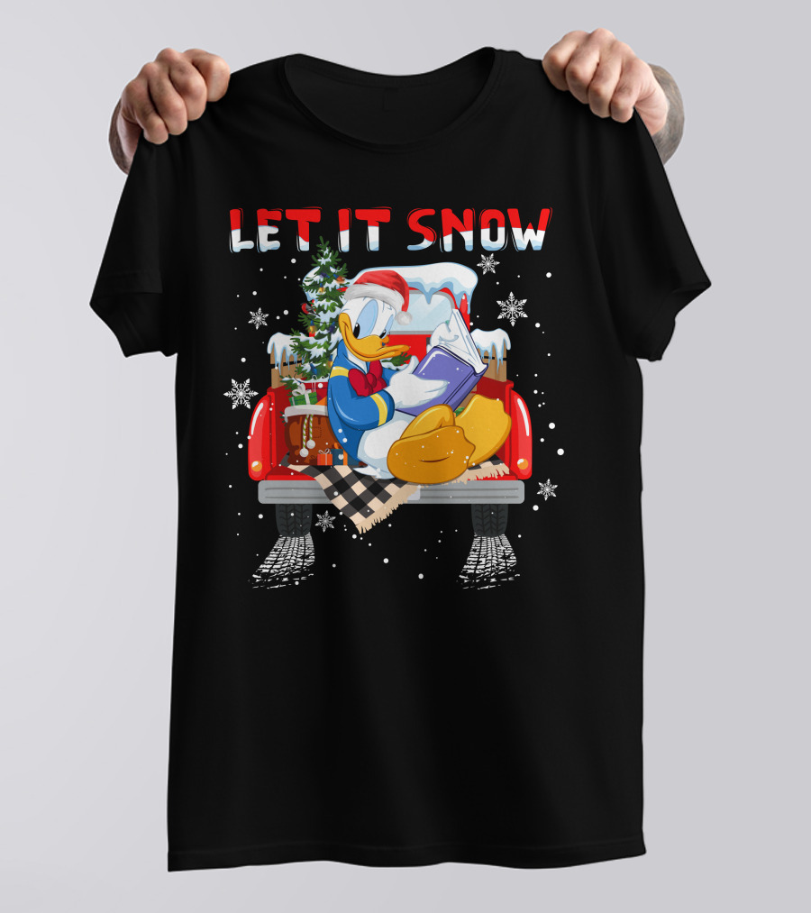Let It Snow Donald Santa Hat Reading Winter Snowflakes Christmas Tree Red Truck T-Shirt