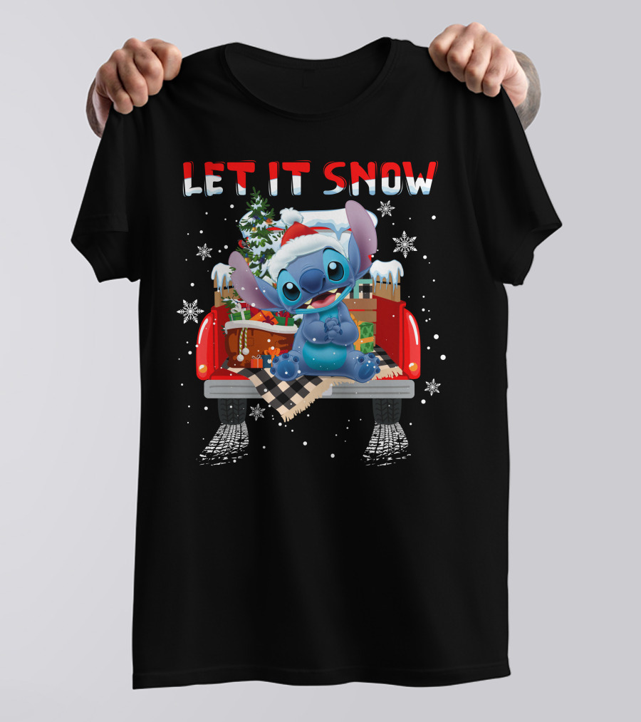 Let It Snow Stitch Christmas Santa Truck Snowflakes T-Shirt