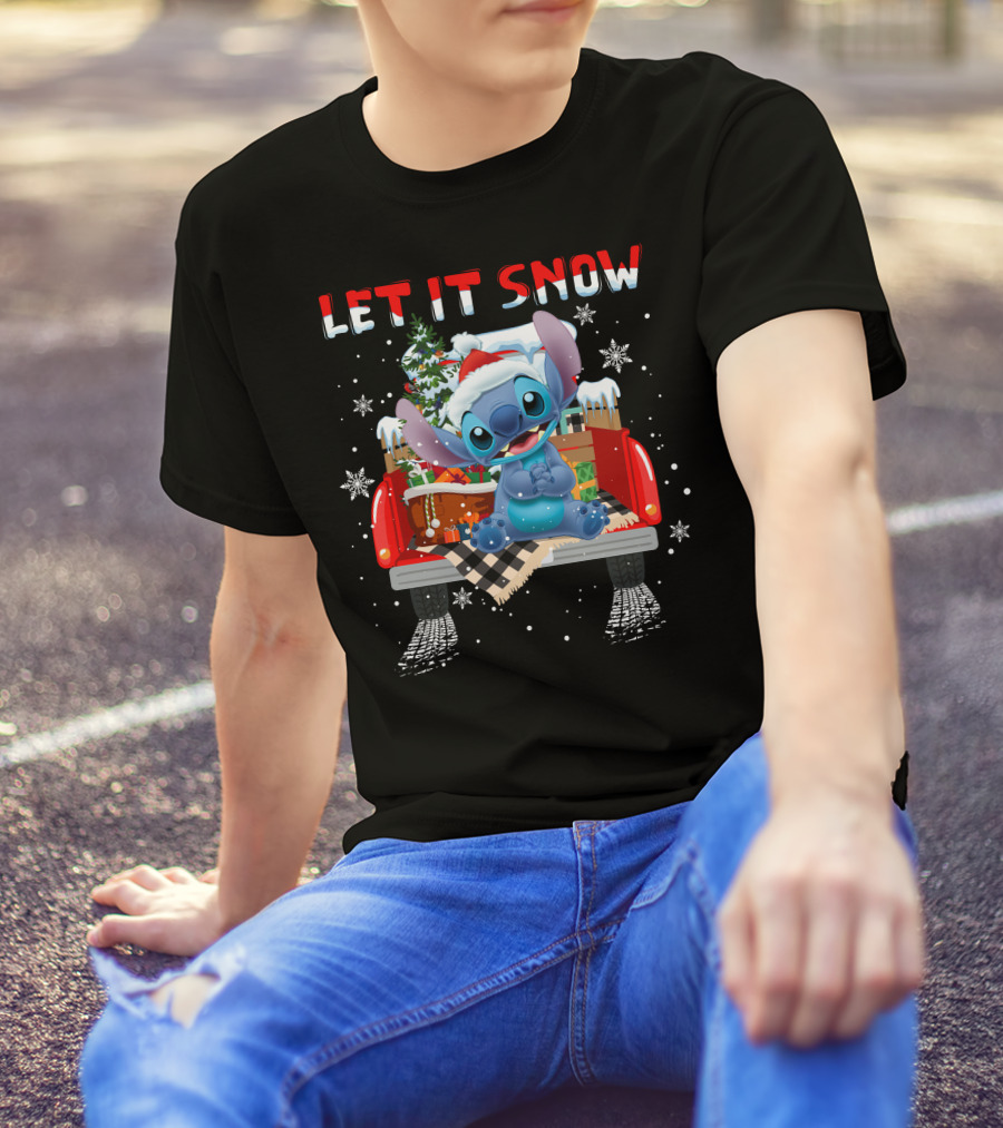Let It Snow Stitch Christmas Santa Truck Snowflakes T-Shirt