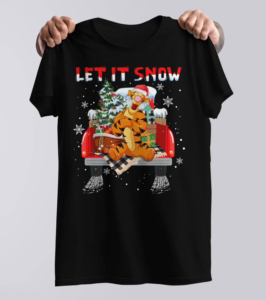 Tigger Let It Snow Christmas Tree And Presents In Snowy Red Truck T-Shirt