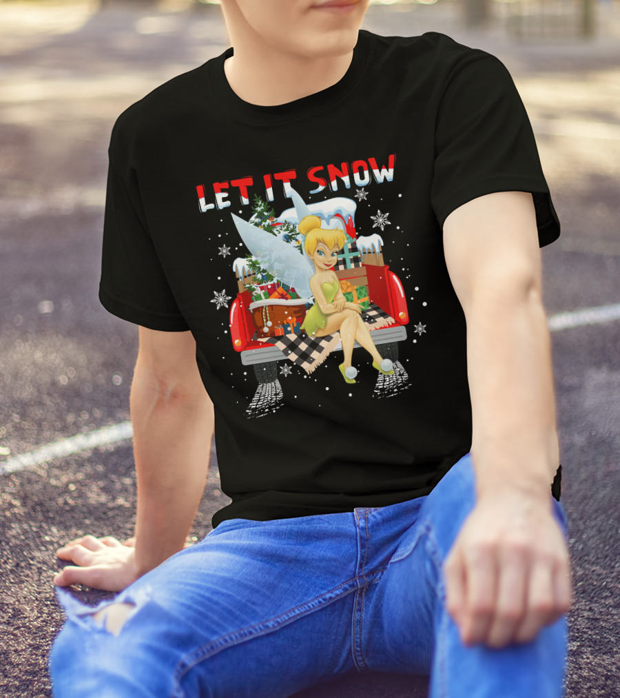 Let It Snow Tinkerbell Sitting On Truck With Gifts And Snowflakes T-Shirt