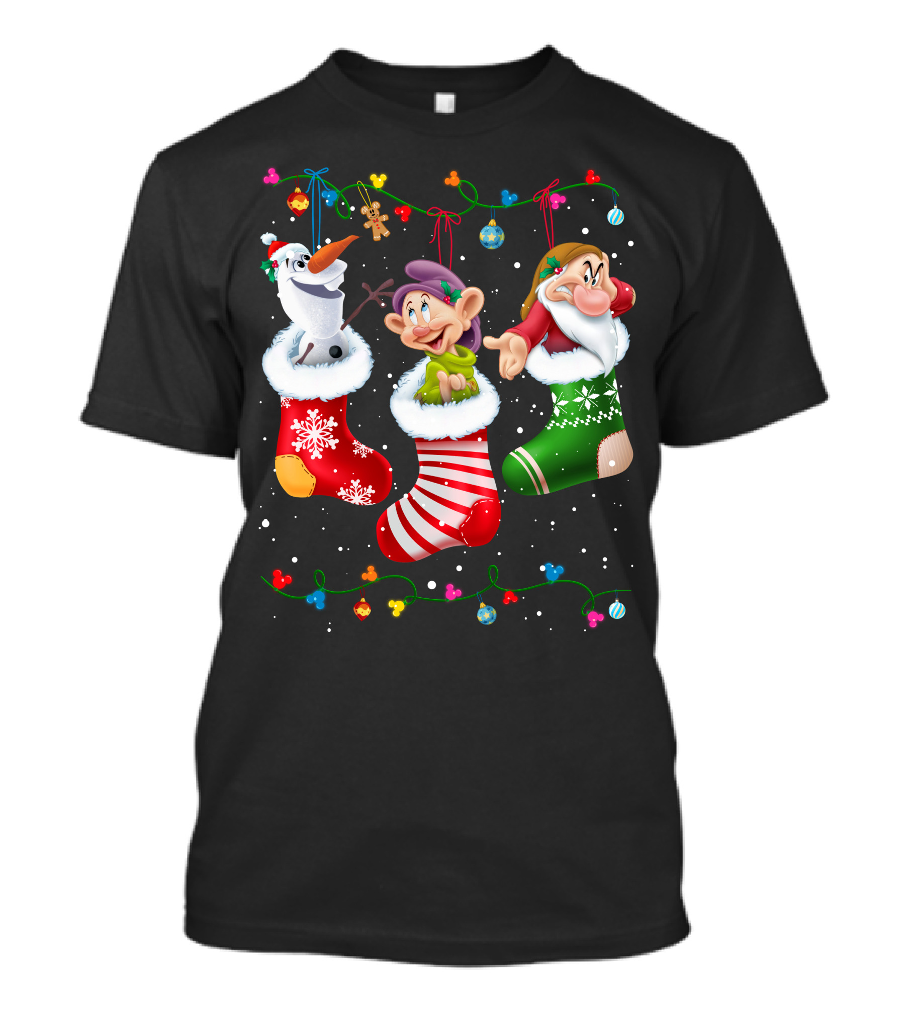 Olaf Dopey Grumpy Christmas Stockings Snowflake Garland T-Shirt