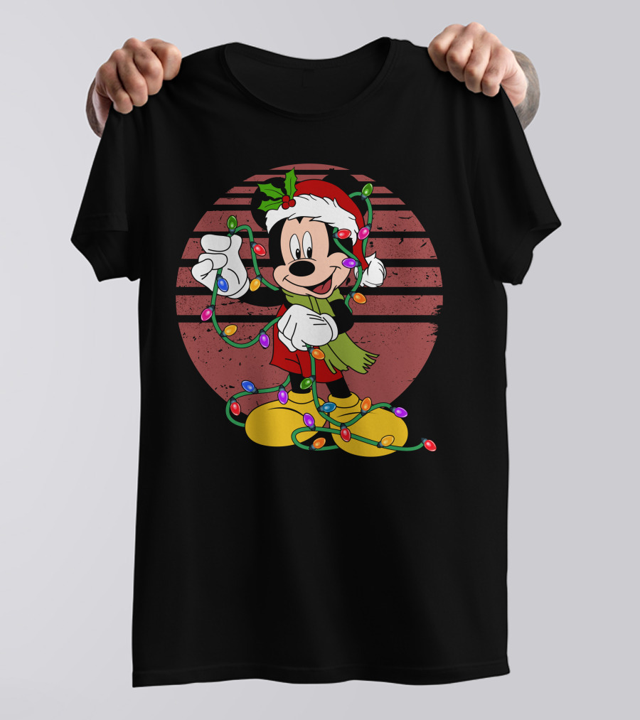 Mickey Mouse Christmas Lights Santa Hat Holiday T-Shirt
