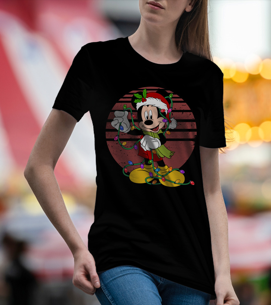 Mickey Mouse Christmas Lights Santa Hat Holiday T-Shirt
