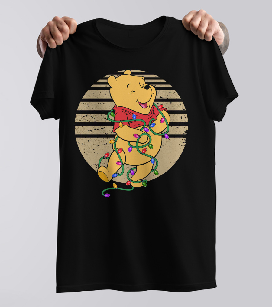 Pooh Wrapped In Christmas Lights And Stripes T-Shirt