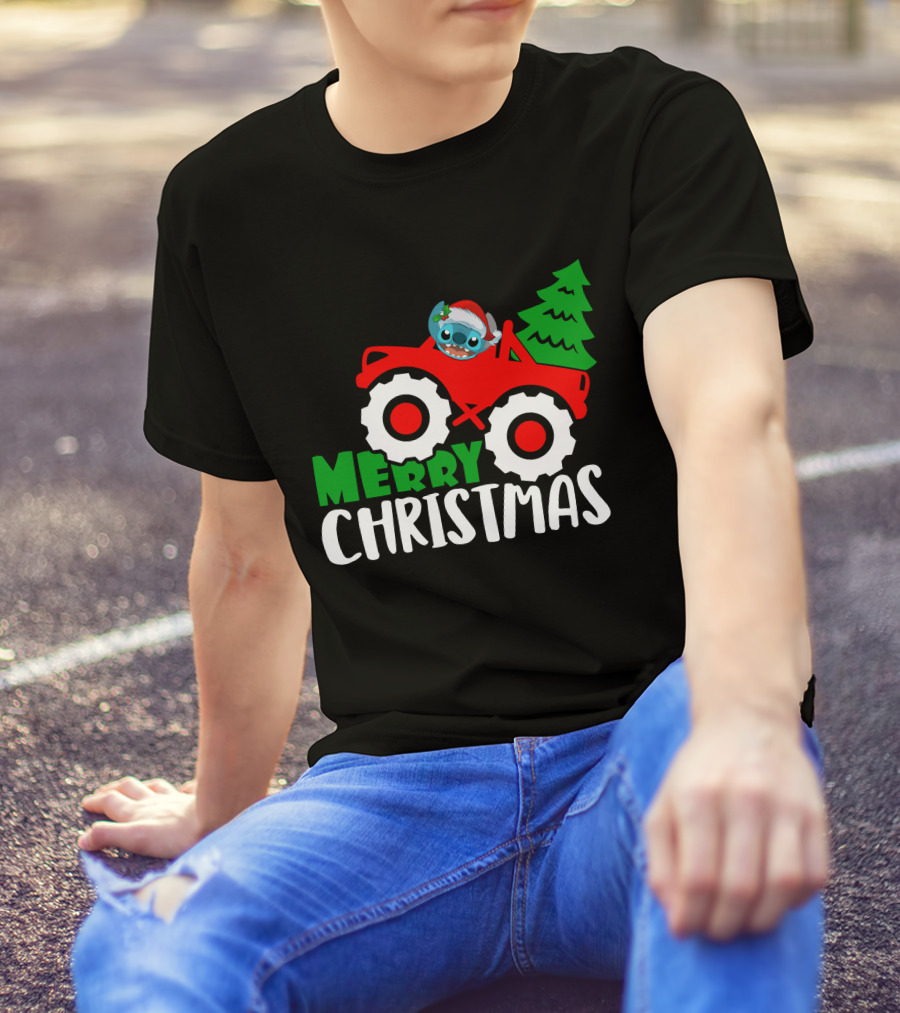 Merry Christmas Stitch Riding Red Truck With Tree T-Shirt