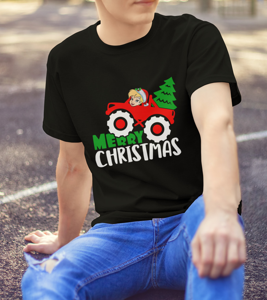 Merry Christmas Tinkerbell In Santa Hat Riding Tractor With Christmas Tree T-Shirt